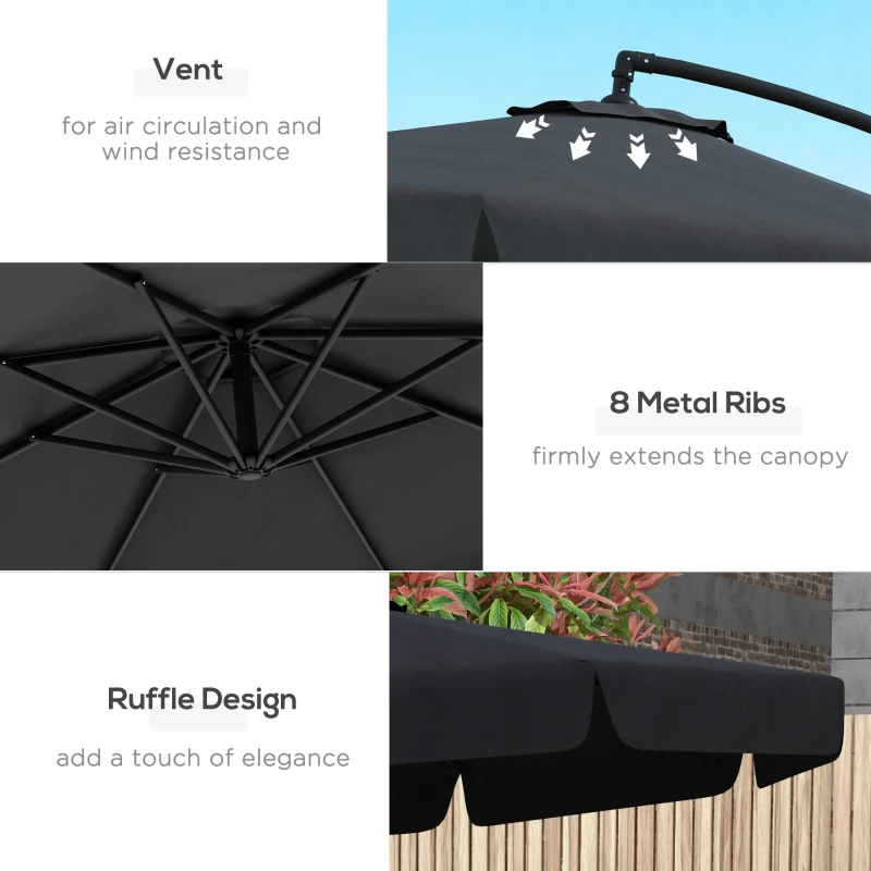 Outsunny 11 FT Cantilever Patio Umbrella Offset Parasol with Cross Base and 8 Ribs for Garden, Black