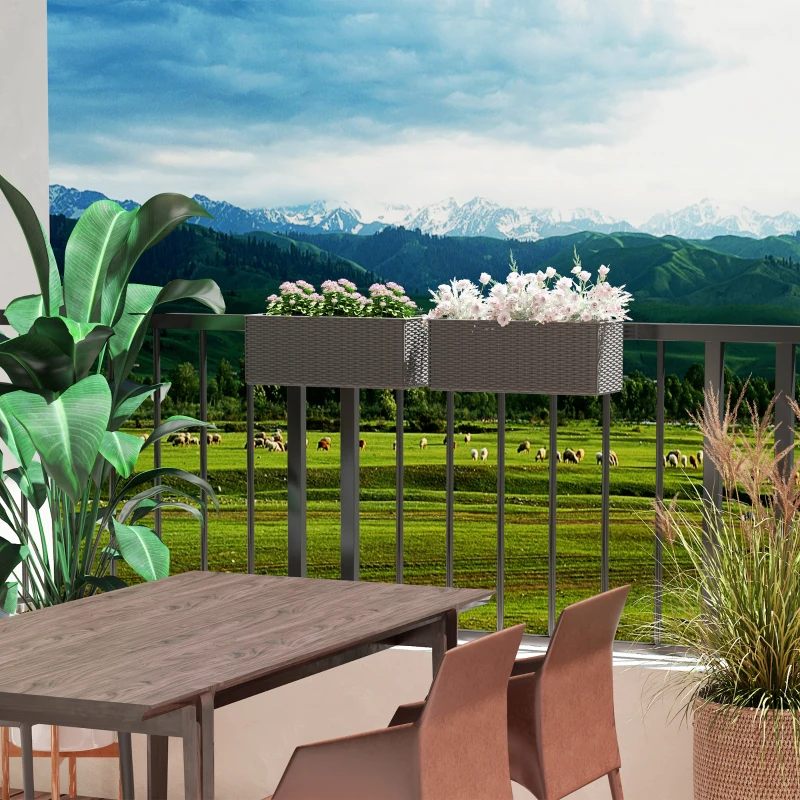 Outsunny 2 Pack 20 Inch Railing Flower Pots, Hanging Flower Pots with Hooks, Drainage Holes for Fence, Rattan Look, Gray