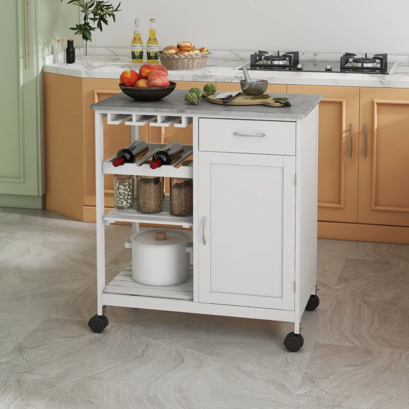 HOMCOM Rolling Kitchen Cart, Bar Cart on Wheels with Wine Rack, Drawer, Open Shelves, Cabinet and Faux Marble Top, Kitchen Island with Storage, White