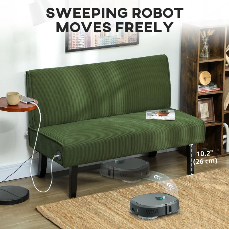 HOMCOM 46.5" Loveseat Couch with USB Ports, Corduroy Love Seat Sofa with Wood Legs for Living Room, Bedroom, Small Space, Green