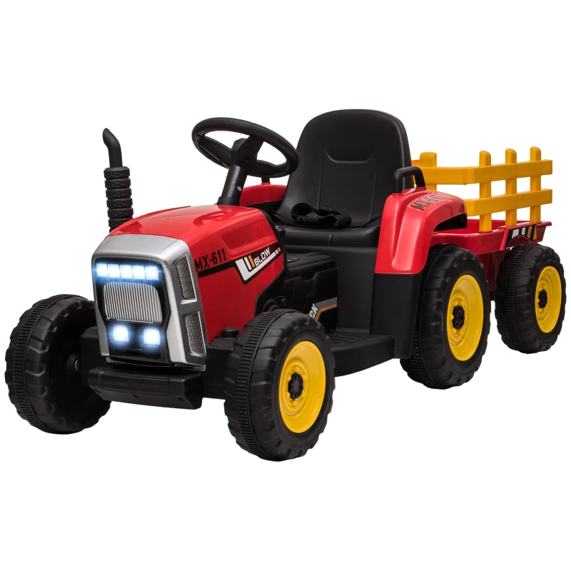 Aosom 12V Kids Ride on Tractor with Trailer, Remote Control, Music Start up Sound and Horn, USB, LED Lights, Red