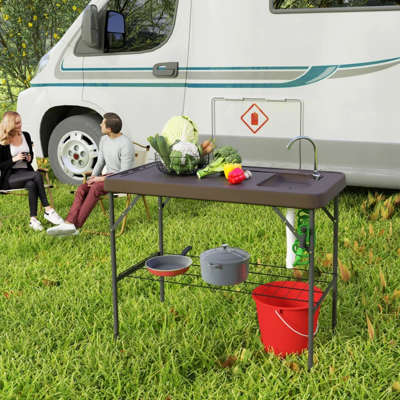 Outsunny Folding Fish Cleaning Table with Sink, Portable Camping Table with Faucet, Drainage Hose, Sprayer and Shelf, Tan