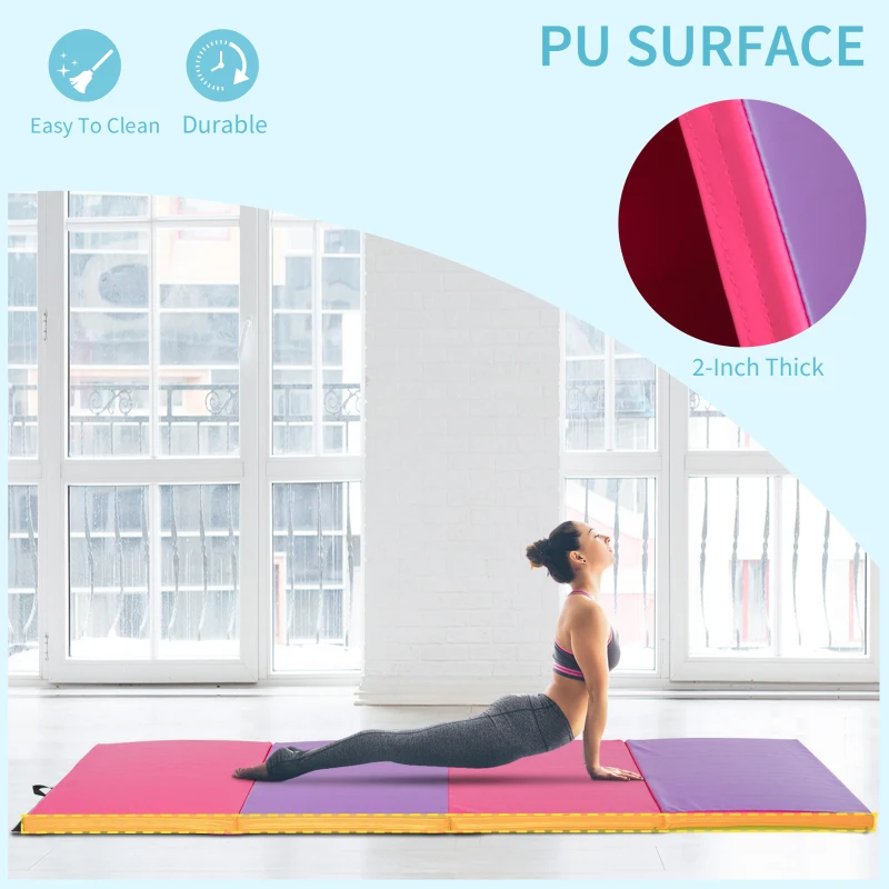 Soozier 4'x10'x2'' Folding Gymnastics Tumbling Mat, Exercise Mat  with Carrying Handles for Yoga, MMA, Martial Arts, Stretching, Core Workouts, Pink and Purple