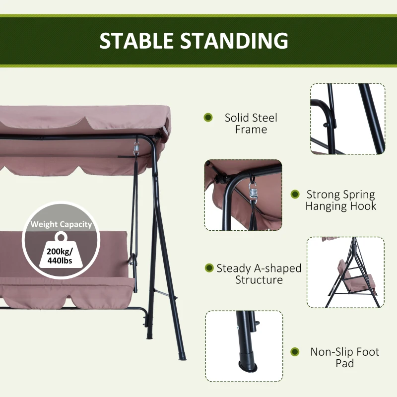 Outsunny 3-Seat Outdoor Patio Swing Chair with Removable Cushion, Steel Frame Stand and Adjustable Tilt Canopy for Patio, Garden, Poolside, Balcony, Backyard, Brown