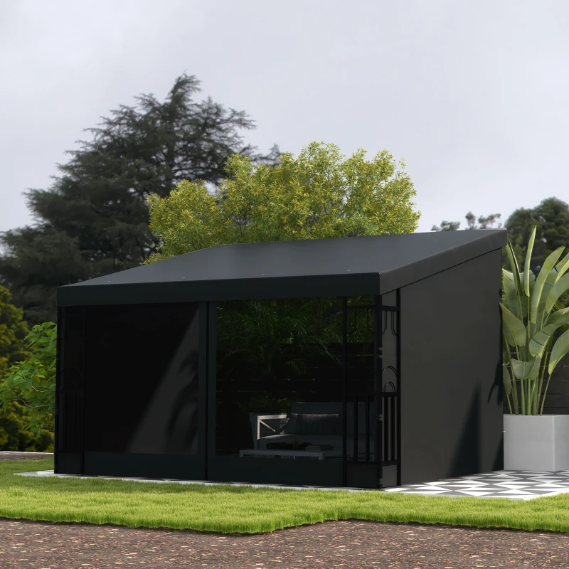 Outsunny 10' x 13' Wall Pergola, Outdoor Gazebo with 2 Curtains and 2 Nettings, UV Resistant, for Patio, Deck, Dark Grey