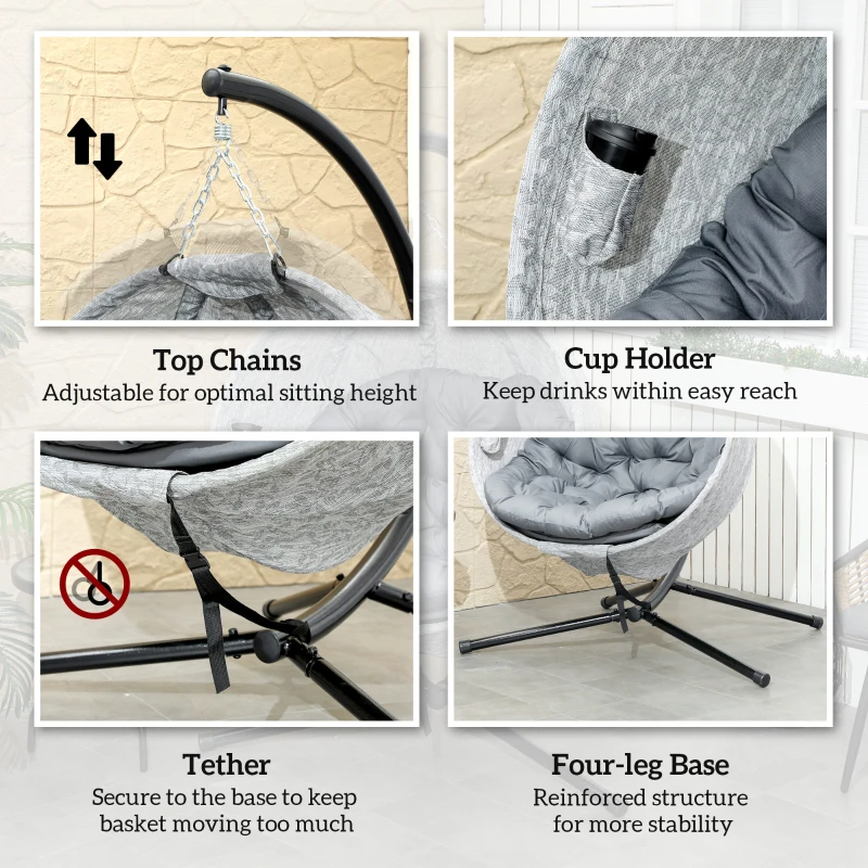 Outsunny Egg Chair with Folding Basket, Outdoor Indoor Hanging Swing Chair with Stand, Cushions for Patio, Balcony, Grey