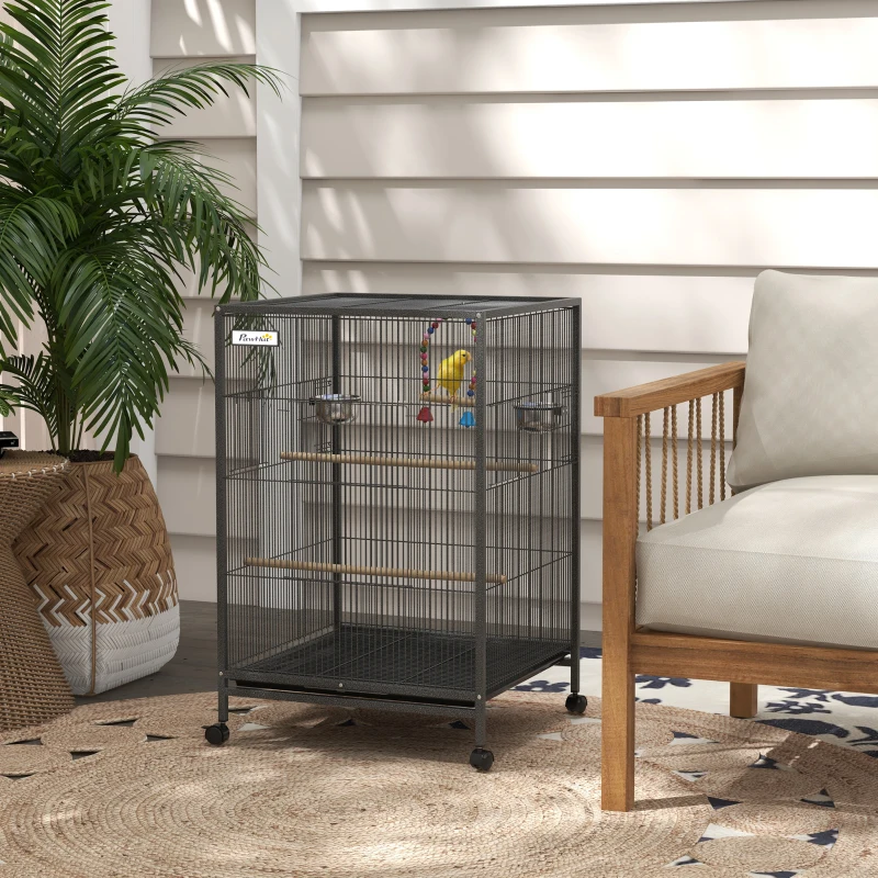 Pawhut Metal Bird Cage with Stand for Parrots, Lovebirds, Finches, Gray