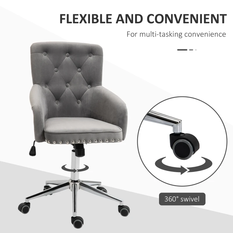 HOMCOM Modern Mid-back Desk Chair with Button Tufted Velvet Back, Nailhead Trim, Swivel Home Office Chair with Adjustable Height, Curved Padded Armrests, Gray