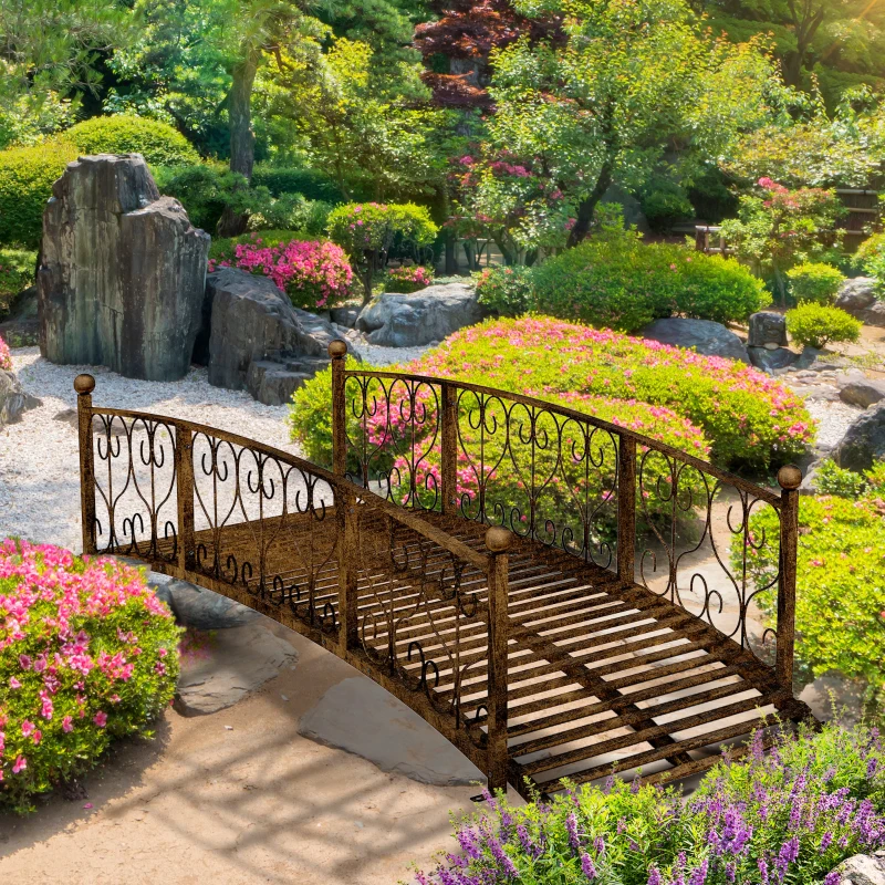 Outsunny 7' Metal Arch Garden Bridge Arc Footbridge with Side Railings Decorative Scrollwork, Bronze