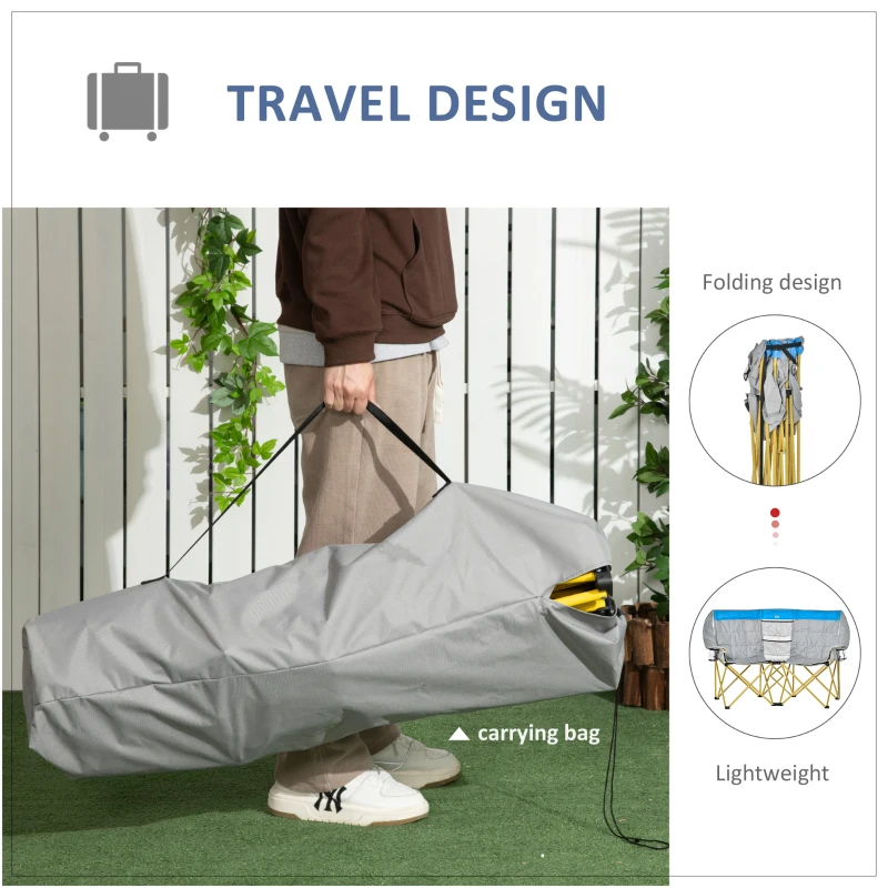 Outsunny 62" W Double Seat Camping Chair Folding Lawn Loveseat w/ Storage Pocket & Cup Holder Compact in a Bag for Outdoor, Beach, Picnic, Hiking, Travel, Blue