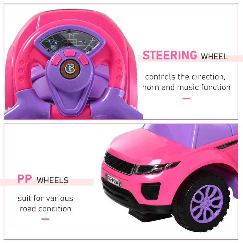 Aosom 2 In 1 Push Cars for Toddlers Kid Ride on Push Car Stroller Sliding Car with Horn Music Light Function Secure Bar Ride on Toy for Boy Girl 1-3 Years Old Pink