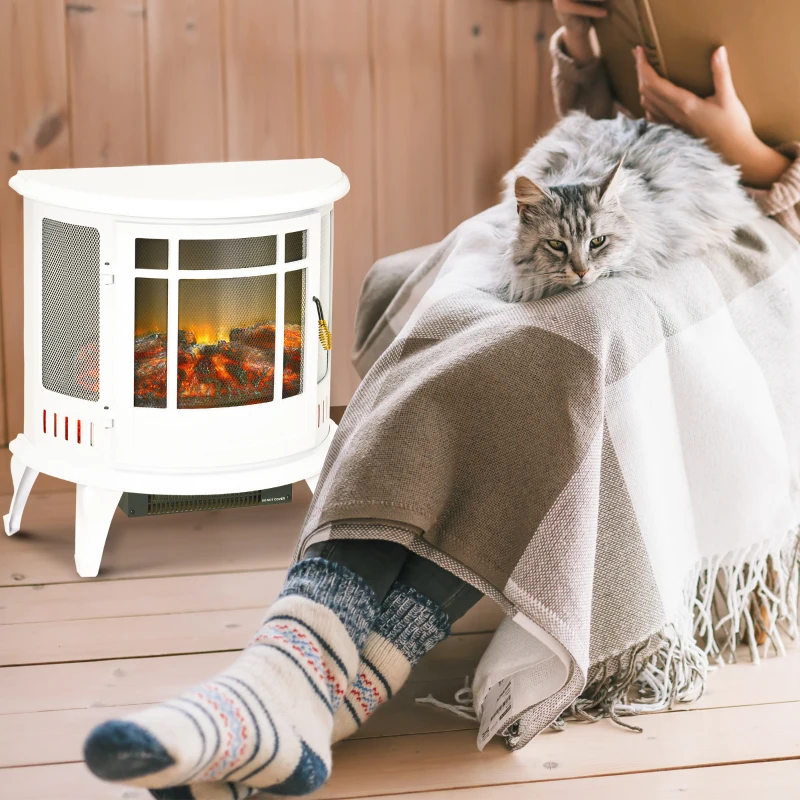 HOMCOM 22" Electric Fireplace Stove, Freestanding Electric Fire Place Heater with Realistic LED Flame, Adjustable Temperature, 1500W, White