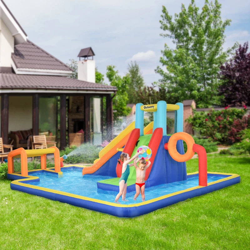 Outsunny 6 in 1 Kids Inflatable Bounce House with Slide, Pool, Climbing Wall, Water Cannon, Basketball Hoop, Football Stand