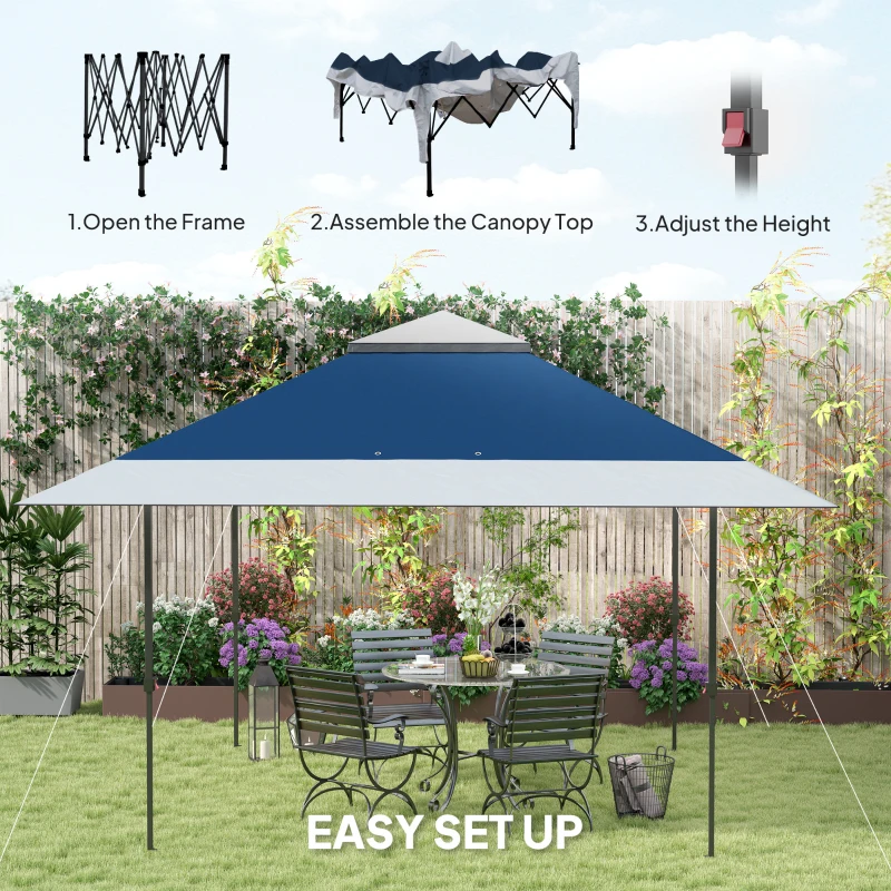 Outsunny 13' x 13' Pop Up Canopy Tent, UPF50+ Tents for Parties, Height Adjustable, with Wheeled Carry Bag and 4 Sand Bags, Navy