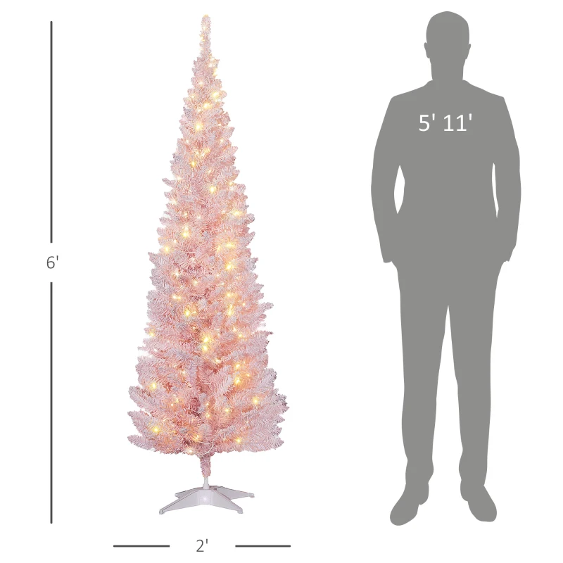 HOMCOM 6ft Pencil Christmas Tree, Slim Artificial Christmas Tree with Realistic Branches and Warm White LED Lights, Pink