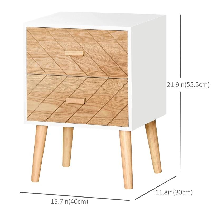 HOMCOM Nordic Bedside Table, Side End Table with 2 Drawers for Bedroom, 15.7"W x 11.8"D x 21.9"H, White