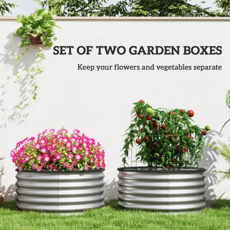 Outsunny Set of 2 Raised Garden Bed, Metal Planter Box with Safety Edging, Easy-to-assemble Stock Tank 3'x3'x1.4' Silver