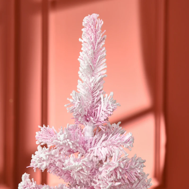 HOMCOM 5 FT Snow Flocked Artificial Christmas Tree, Pencil Xmas Tree with Realistic Branches, Auto Open and Steel Base, Pink