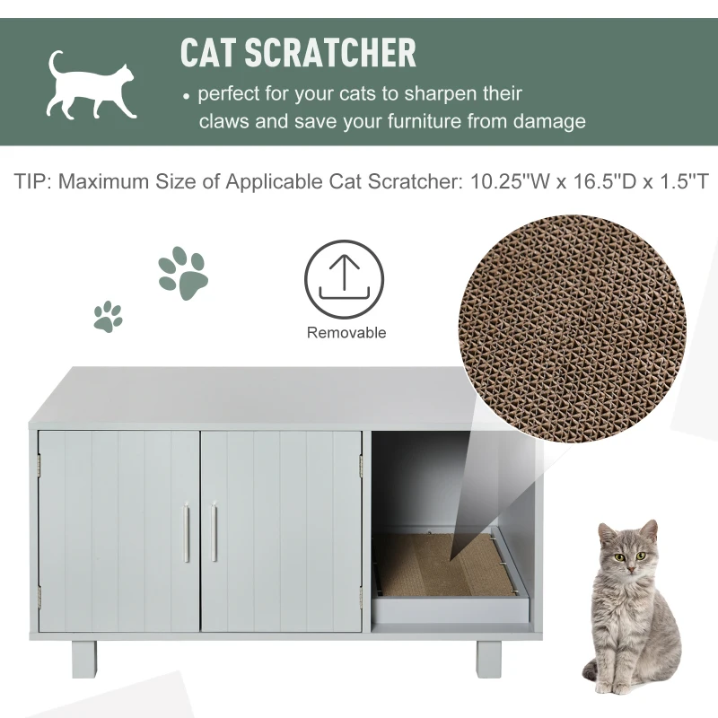 PawHut Wooden Cat Washroom Pet Litter Box Enclosure Kitten House Nightstand End Table with Scratcher Magnetic Doors Grey