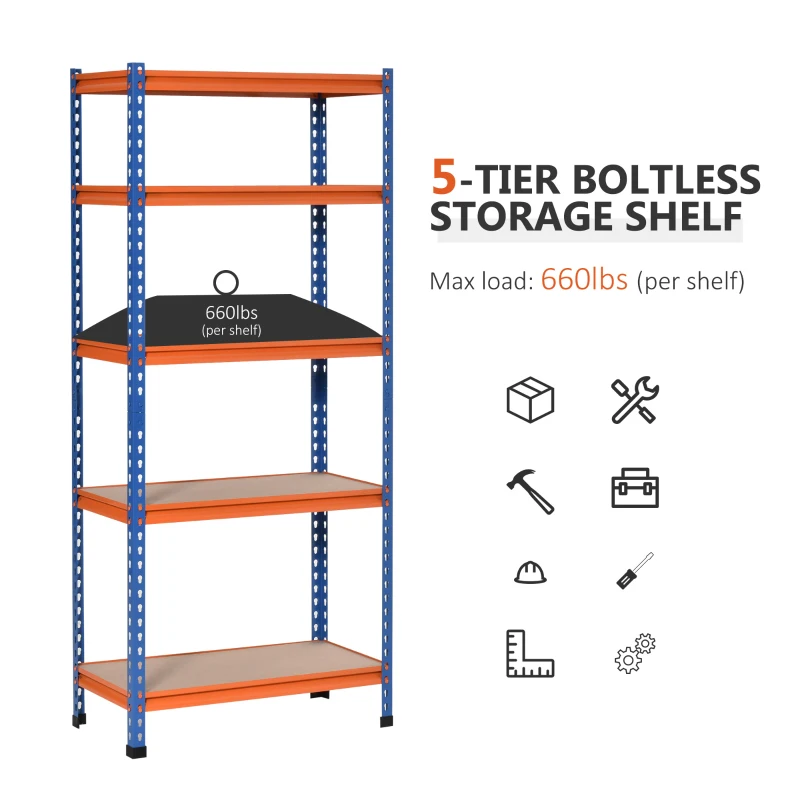 HOMCOM 5-Tier Heavy Duty Garage Shelf, Metal Shelving Unit with Adjustable Shelves, Metal Frame, 31.5"x15.75"x71.75", 3300 lbs Capacity for Workshop, Shed, Office