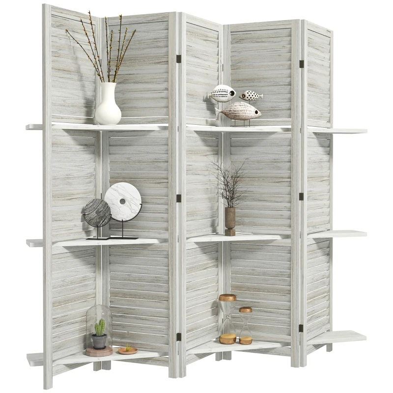 HOMCOM 5 Panel 67" Tall Wood Privacy Screen Room Divider with 3 Shelves and Folding Storage for Bedroom, Distressed White