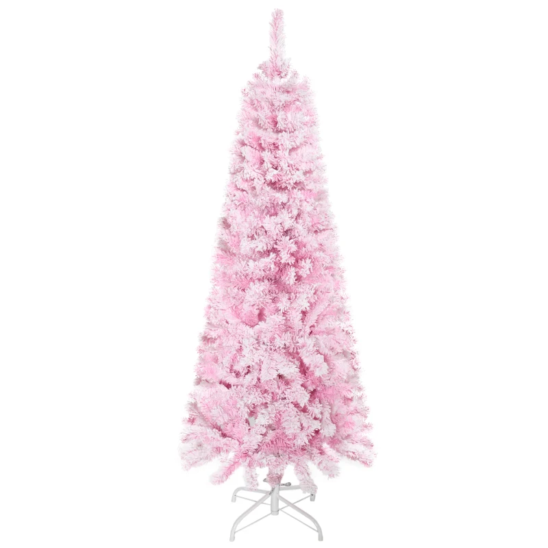 HOMCOM 5 FT Snow Flocked Artificial Christmas Tree, Pencil Xmas Tree with Realistic Branches, Auto Open and Steel Base, Pink