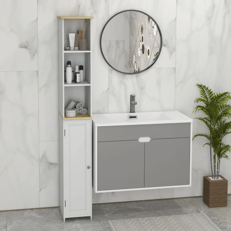 kleankin Narrow Bathroom Storage Cabinet, Freestanding Bathroom Cabinet with Open Shelves, Chevron Door and Adjustable Shelf, White