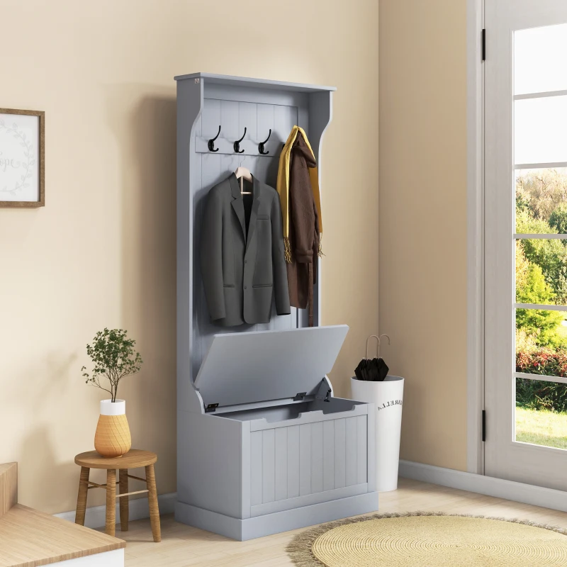 HOMCOM Entryway Hall Tree with Coat Rack and Sitting Bench, Mudroom Bench with Storage, and Hooks, Gray