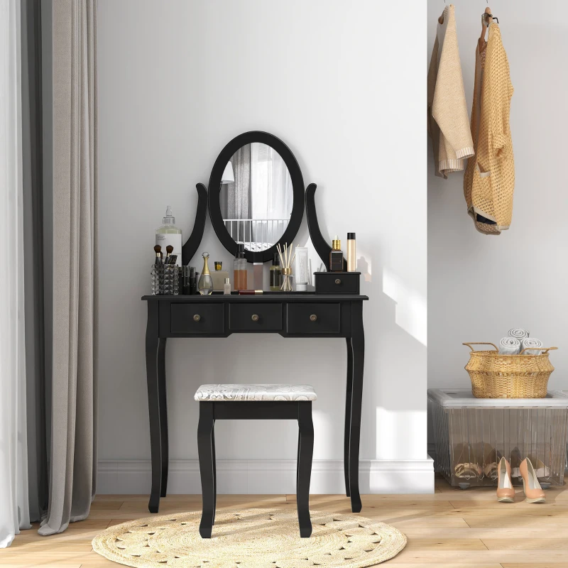 HOMCOM Vanity Table with Stool, Makeup Vanity with 360° Rotating Oval Mirror, 5 Drawers and Padded Seat, Dressing Table for Bedroom, Black