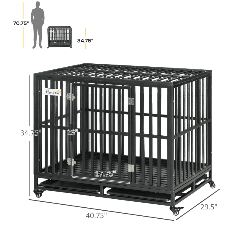 PawHut Heavy Duty Dog Crate Metal Kennel and Cage Dog Playpen with Lockable Wheels, Slide-out Tray and Anti-Pinching Floor, 41" x 29.5" x 35"