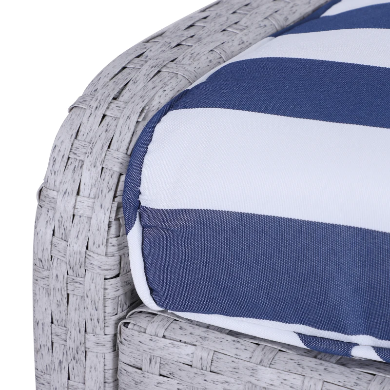 Outsunny 5 Pieces Wicker Patio Furniture Sofa Set Thick Padded Cushions, Outdoor PE Rattan Conversation Coffee Set with Armchairs, Footstools and Glass Top Table, Blue and White