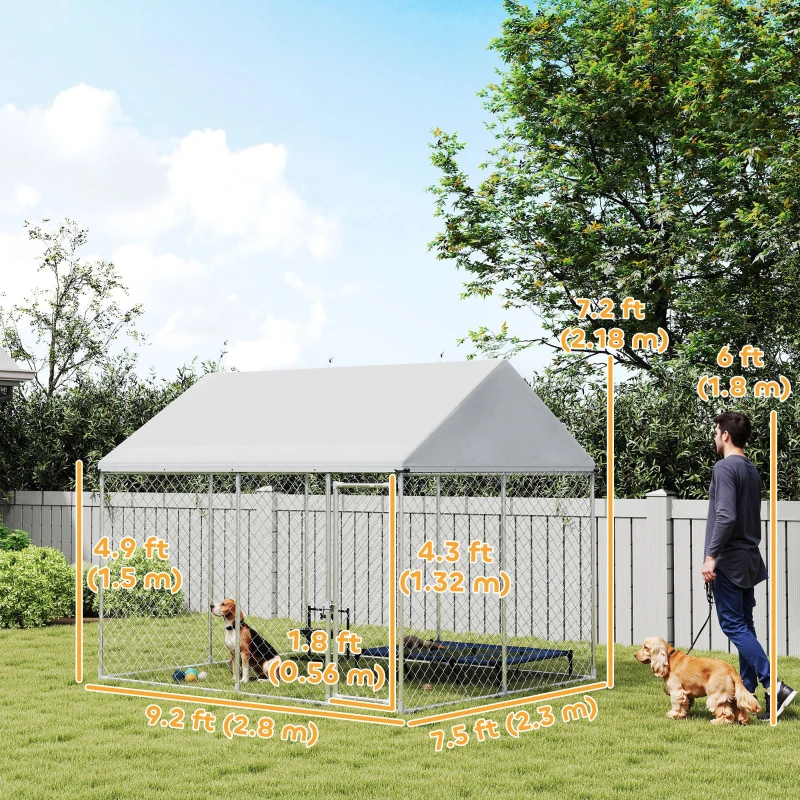PawHut Heavy Duty Galvanized Steel Outdoor Dog Kennel with Waterproof Roof, Safety Lockable Latch System, 9.2' x 7.5' x 7.2'