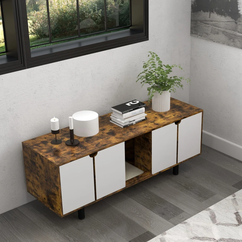 PawHut Hidden Cat Litter Box Enclosure with 2 Cabinets, Double Doors, and Sand Drain Pad, Rustic Brown