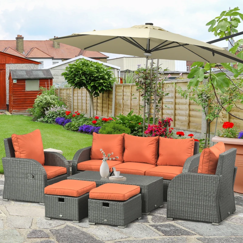 Outsunny Patio Furniture with Cushions, 6 Pieces PE Wicker Patio Sectional Furniture Conversation Set w/ a Three-Seat Sofa, 2 Recliner Chairs, 2 Footstools & Table, Orange