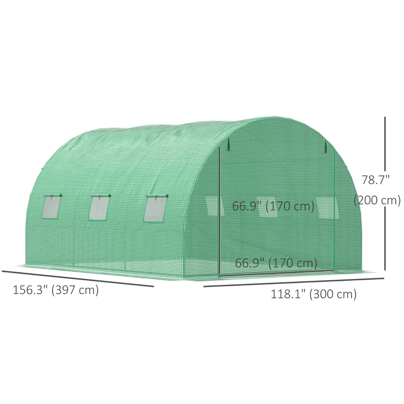 Outsunny 13' x 10' x 6.6'  Walk-in Polytunnel Greenhouse, Outdoor Garden Tunnel Greenhouse Tent with Zipped Roll-Up Door and 6 Mesh Windows, Green