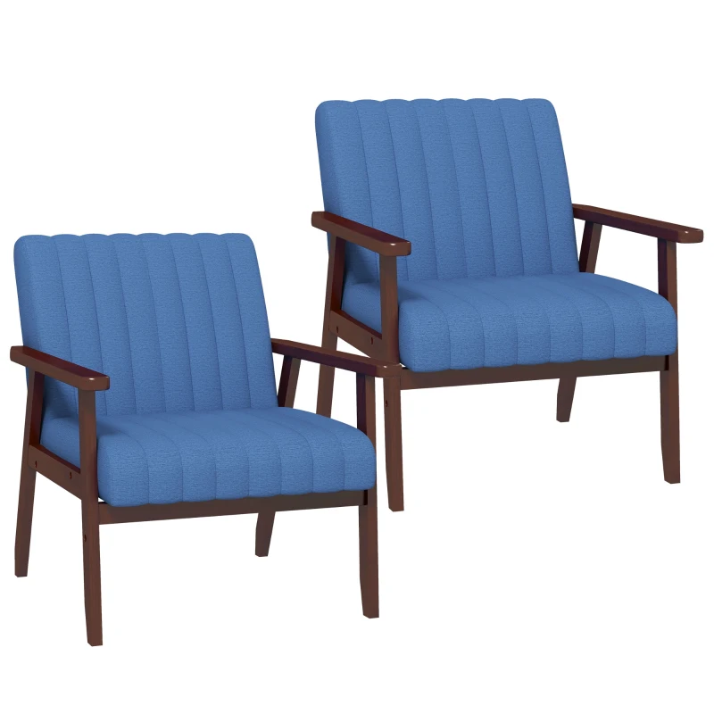 HOMCOM Set of 2 Accent Chairs, Modern Upholstered Armchairs for Living Room with Wooden Legs and Tufting Design, Dark Blue