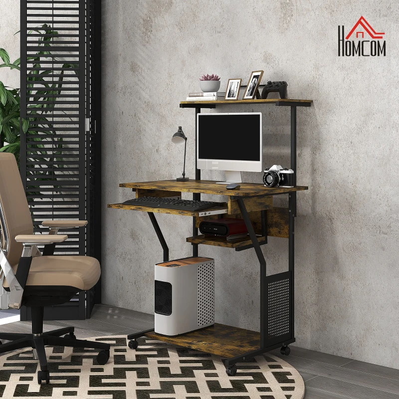HOMCOM 32" Mobile Computer Table, Rolling Study Desk for Home Office with Keyboard Tray, Storage Shelves, Wheels, Rustic Brown