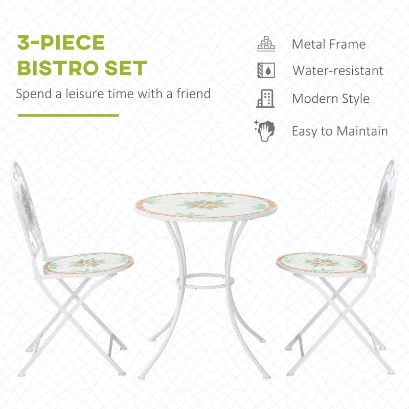 Outsunny 3 Piece Patio Bistro Set, Floral Mosaic Pattern, Metal Folding Chairs, Foldable Outdoor Dining Table for Coffee, Decor, Garden, Poolside, Porch, White