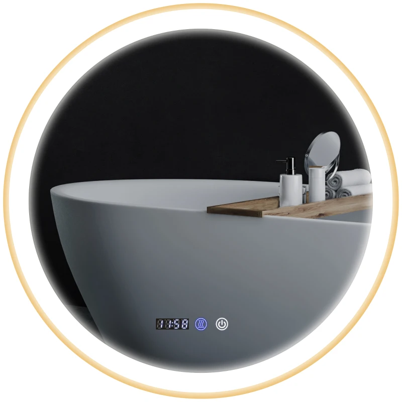 HOMCOM 28" Round Bathroom Mirror with LED Lights, Wall Mounted Vanity Mirror with Anti-Fog Pad, Time and Temp Display, Gold
