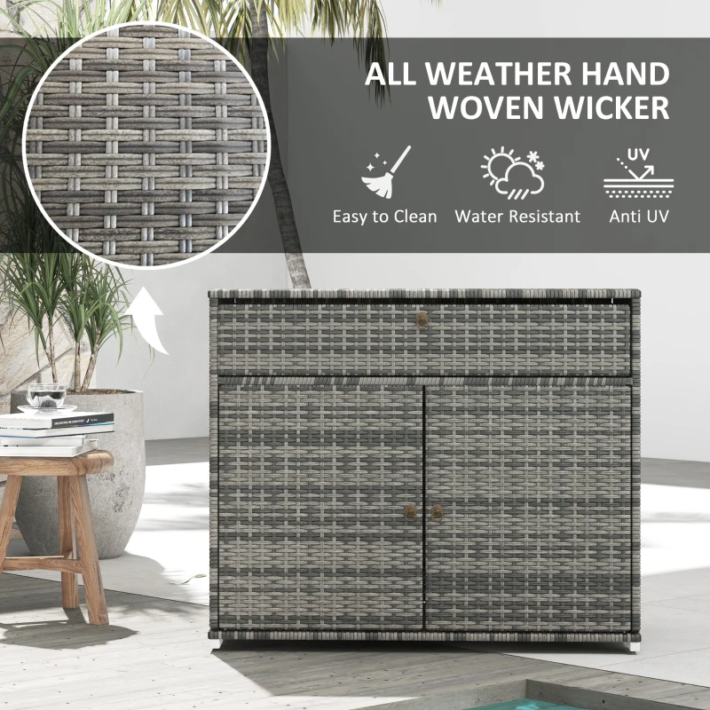 Outsunny Outdoor Storage Cabinet, Wicker 2-Door Pool Towel Storage Cabinet with Drawer, PE Rattan Pool Organizer, Grey