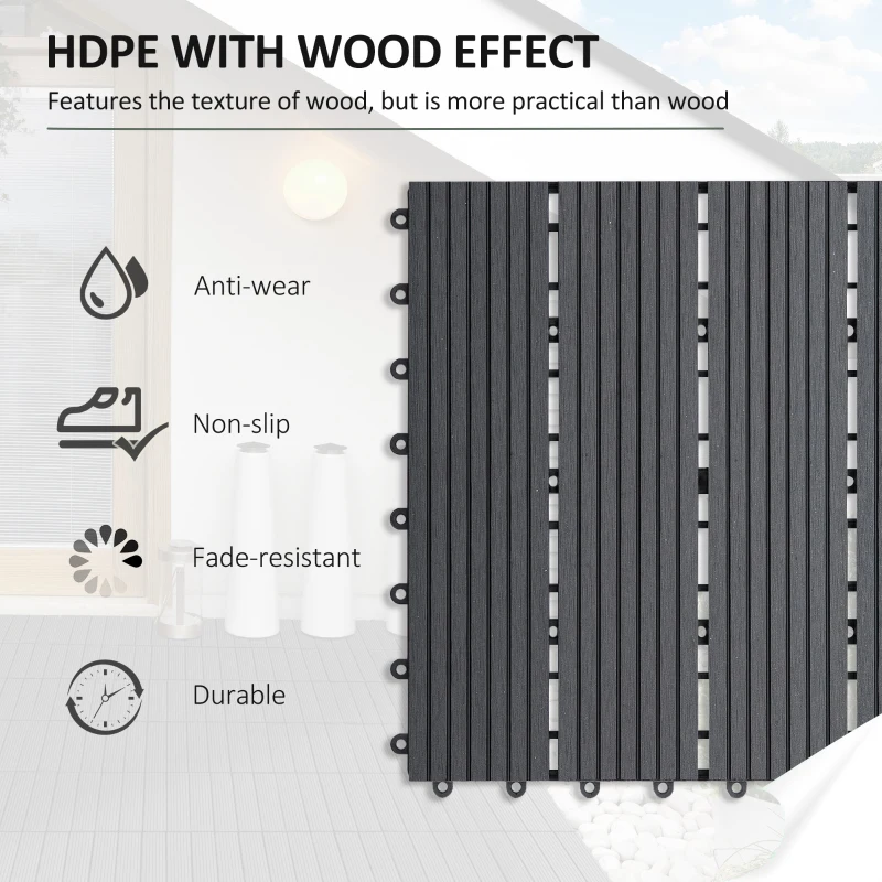 Outsunny 11 Pcs Plastic Interlocking Deck Tiles, 12" x 12" Non-slip Flooring Tiles for Indoor Outdoor Patio Balcony, Grey