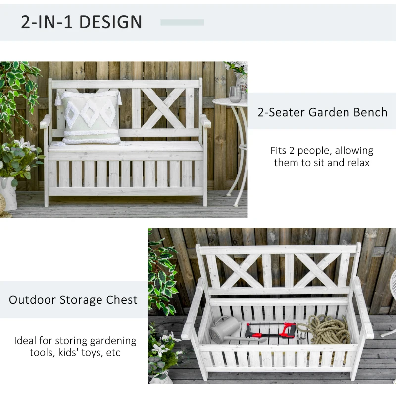 Outsunny Wooden Outdoor Storage Bench 2-Person Patio Bench with Louvered Side Panels and X-Shape Back for Garden, Patio, White
