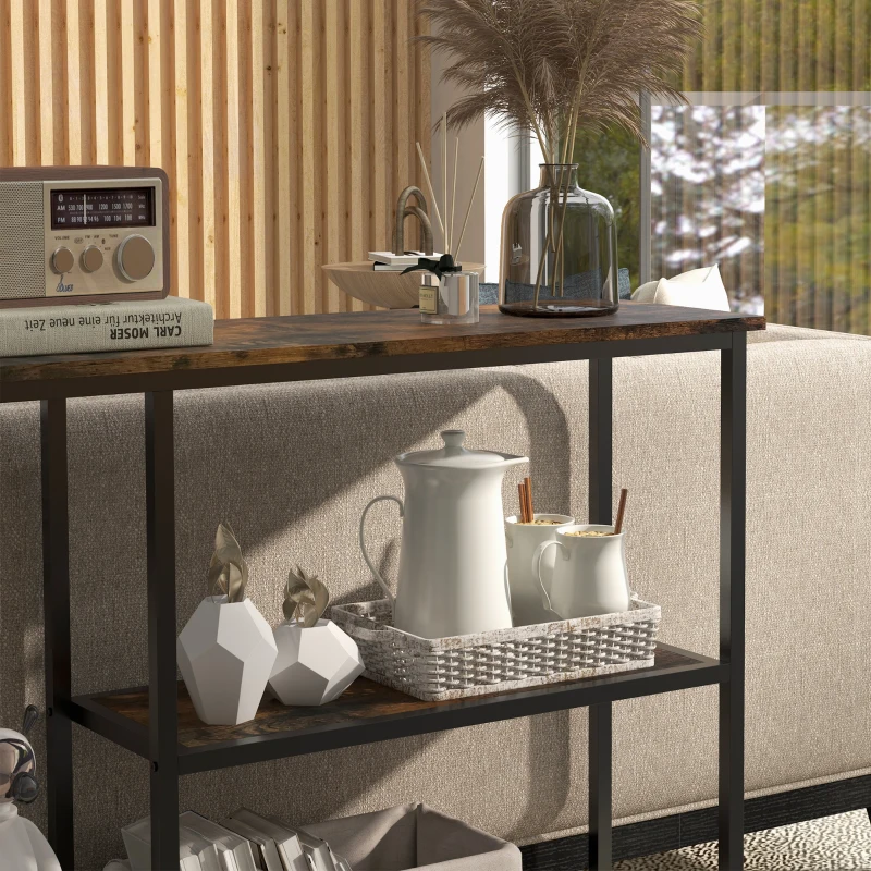 HOMCOM 39" Console Table, Entryway Table with 2 Storage Shelves, Steel Frame, Narrow Sofa Table for Living Room, Brown