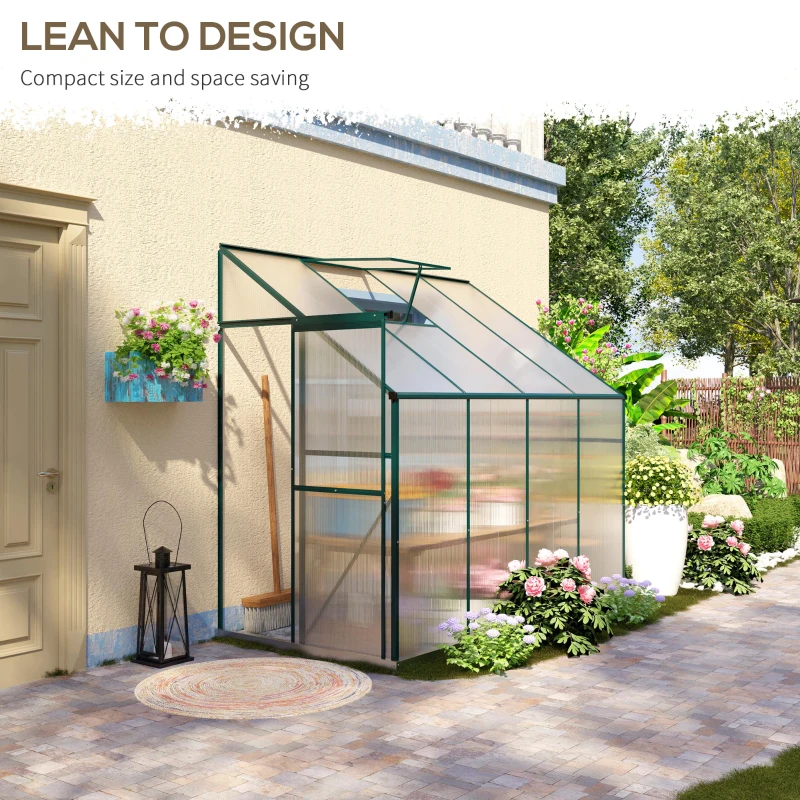 Outsunny 8' x 4' x 7' Hobby Greenhouse, Walk-in Lean-To Polycarbonate Hot House Kit with Aluminum Frame, Sliding Door, Roof Vent, Green