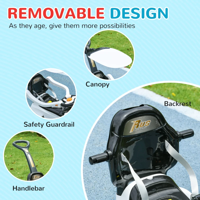 Qaba 3 in 1 Push Car Sliding Car with Removable Handle, Music, Horn, Canopy, Safety Guardrail, White