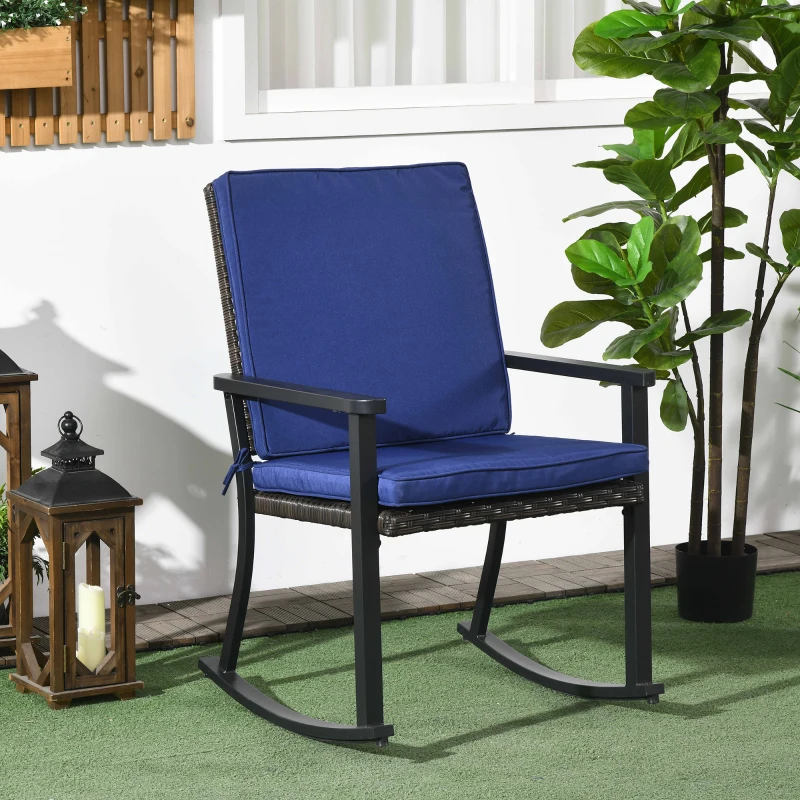 Outsunny Patio Wicker Rocking Chair, Outdoor PE Rattan Rocking Chair with High Back, Armrest, Seat Cushion, Blue