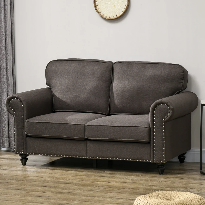 HOMCOM Mid Century Modern Loveseat Sofa, 2 Seater Small Couch with Nailhead Trim, for Living Room, Bedroom, Dark Brown