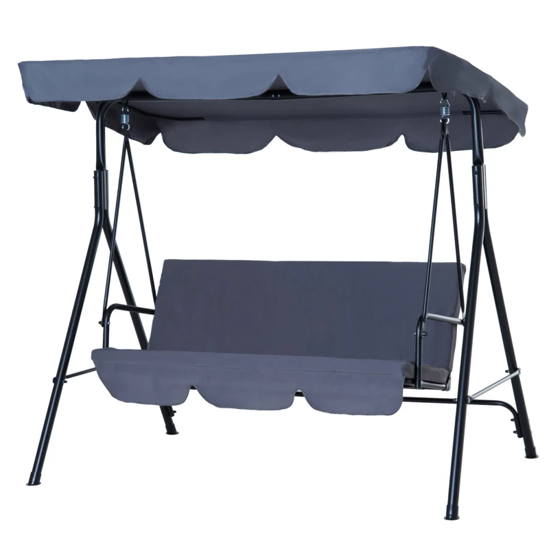 Outsunny 3-Seat Outdoor Patio Swing Chair with Removable Cushion, Steel Frame Stand and Adjustable Tilt Canopy for Patio, Garden, Poolside, Balcony, Backyard, Gray