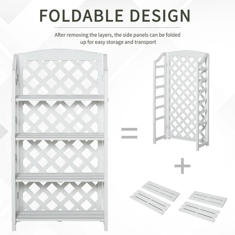 Outsunny Wooden Rustic 4-Tier Foldable Plant Stand with Adjustable Slatted Shelves Indoor & Outdoor Display Rack Plant Pot Organizer White 67 x 33 x 123 cm