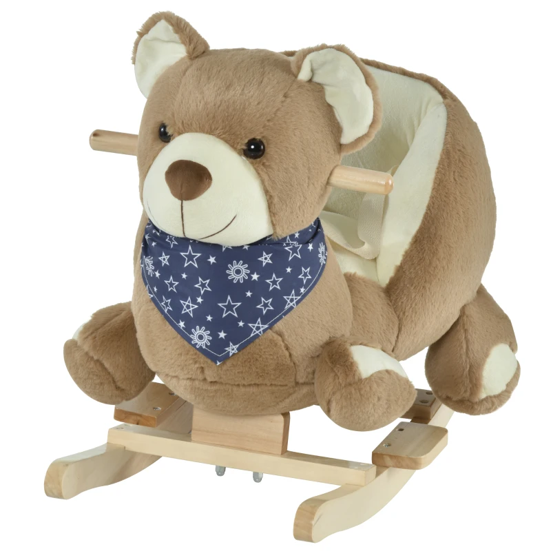 Qaba Baby Rocking Horse Bear Design Plush Stuffed Rocking Chair, Wooden Rocking Horse with Sound, Seat Belt for Boys and Girls Gift, Brown